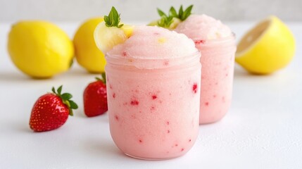 Two mason jars hold a strawberry-lemon frozen dessert. Fresh strawberries and lemons are artfully arranged in the foreground. The image is high-quality with bright lighting, showcasing a light and r