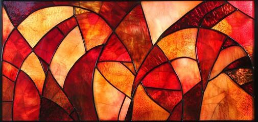 Fototapeta premium Abstract stained glass artwork. Warm hues of red and orange create a dynamic, geometric composition. Perfect for modern interiors.