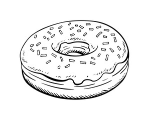 Donut vector icon illustration with sprinkles in detailed hand-drawn outline style.