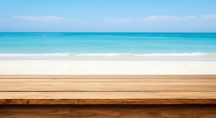 Fototapeta premium Coastal Calm: Wooden Deck & Azure Sea AI Generated