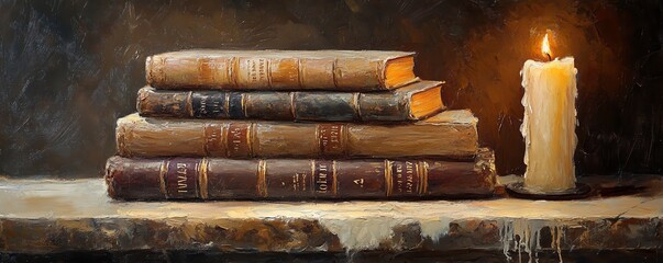 Fototapeta premium Stack of antique books with a burning candle, creating a warm, nostalgic atmosphere. Perfect for historical, literary, or educational themes.