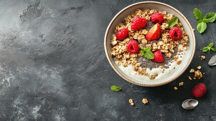 A vibrant smoothie bowl with granola and seeds. Featuring health and vitality