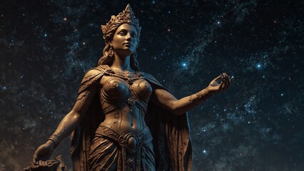 Obraz premium A statue of Yperia, goddess of stellar marks, her skin glowing with fading totems of lost constellations