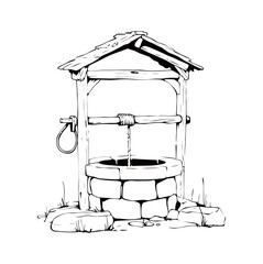 Detailed vector drawing of old-fashioned wishing well, black and white vintage icon illustration.