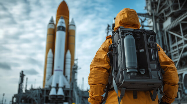 Rocket launch preparation space center photography industrial environment low angle exploration concept