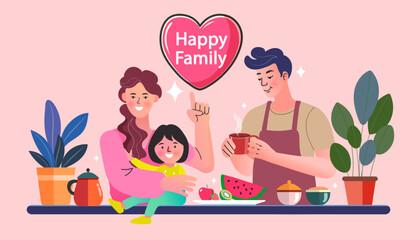 Happy family cooks  in the kitchen. Mom, dad, son and daughter are cooking together. Parents spend time with their children