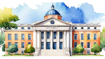 Watercolor Illustration of University Building With Classic Architecture and Green Trees