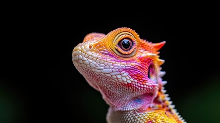 Fototapeta premium Close-up of a vibrant, colorful lizard. A small, colorful lizard's head and neck are in sharp focus against a black backdrop.