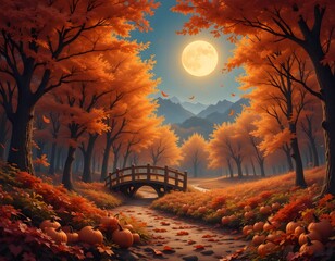 Fototapeta premium Autumnal Bridge under the Moon 