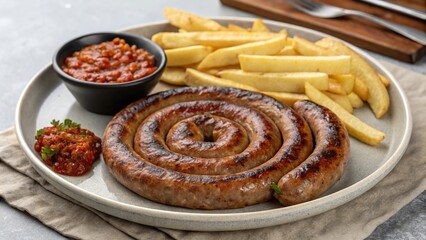 Fototapeta premium Spiral of boerewors served with crispy fries and spicy chutney in a cozy setting