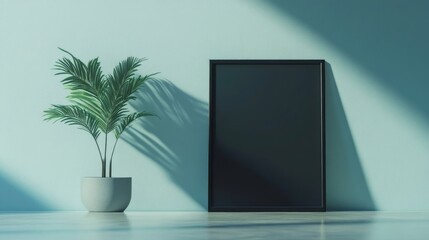 Fototapeta premium Black frame and green potted plant in minimalist sunlit interior setting.