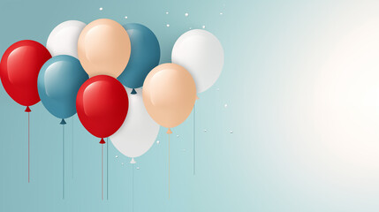 Colorful balloons on a blue sky. Blue, red, white, and beige balloons on a blue banner.