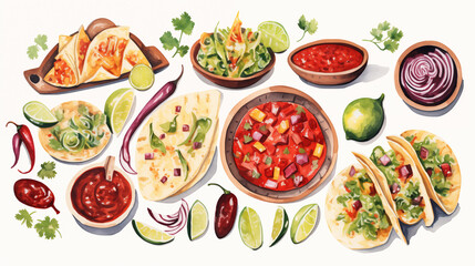Set of mexican food clipart: taco, burrito, nachos, and more. Fiesta food illustrations.