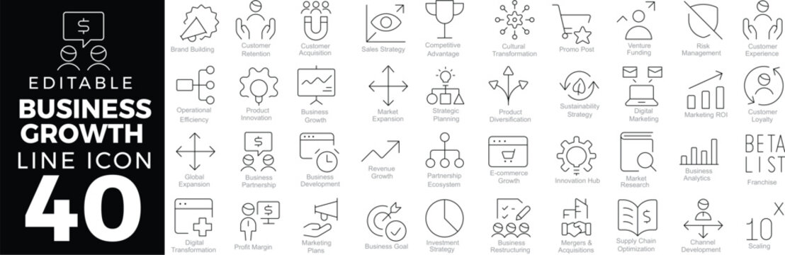 Business Growth Web Icons Set in Line Style. Linear Icons Collection Featuring Expansion Strategies, Revenue Growth, Market Development, and Operational Scaling. Editable Stroke.