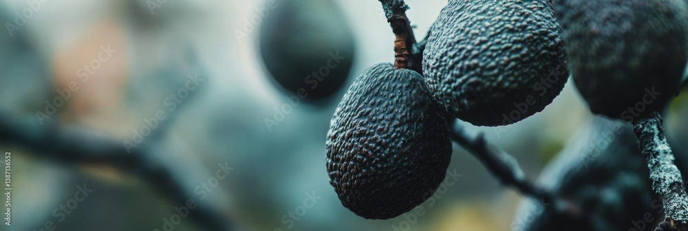 Poster perfectly ripened avocados with deep green textured skin hang from a tree branch in a blurred orchar