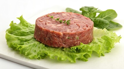 Fototapeta premium Discover the unique taste of boulette de avesnes resting elegantly on a vibrant bed of lettuce