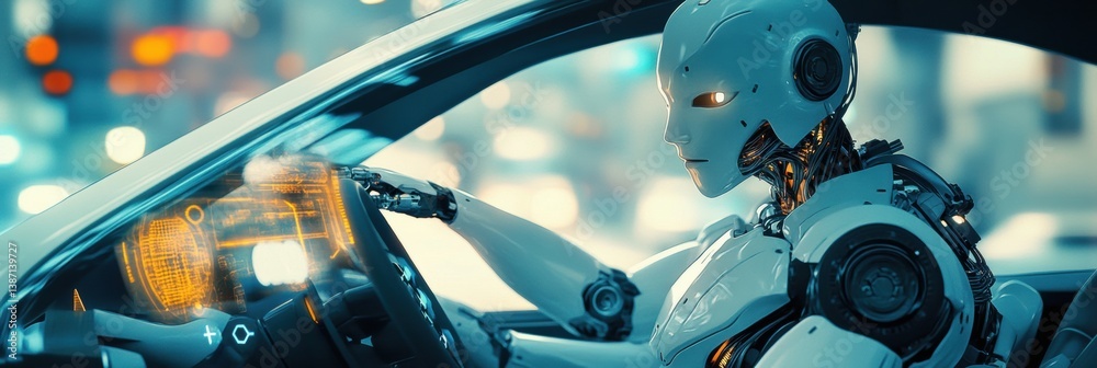 Poster Detailed 3D-rendered robot driving a futuristic car with hyper-realistic mechanical features and reflections visible on the windshield