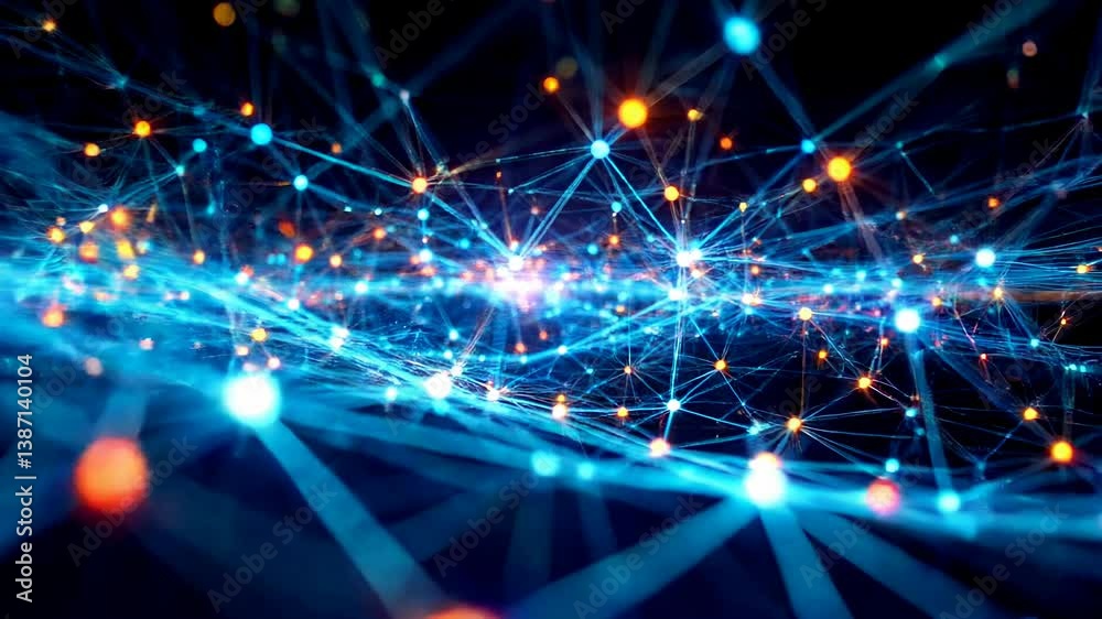 Poster Dynamic network of glowing connections and shimmering nodes in a digital grid