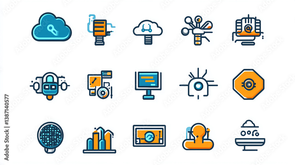 Poster cloud computing technology icons set data analysis and machine learning network system vector design