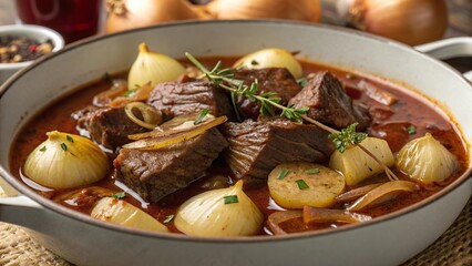 Savory braised beef simmering with garlic and onions in a hearty broth ready for a comforting meal
