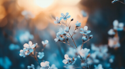 A close up of delicate white flowers in a field with a blurred background and warm sunlight shining