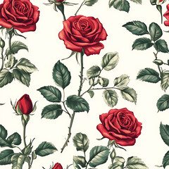 Red roses floral seamless pattern with leaves and blossoms evokes nature's romantic beauty