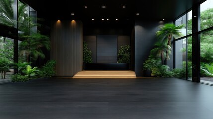 Fototapeta premium Modern, dark, tropical lobby. Spacious interior with large windows, dark wood flooring, dark walls, and lush greenery