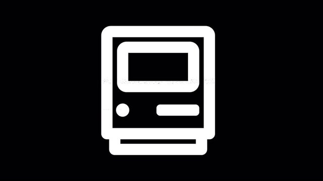 Icon computer classic is distorted. Glitch. Noise, chromatic aberration, geometric distortion. Transparent background, looped. In-Out looped. Alpha BW at the end