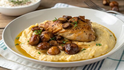 Delightful braised chicken with chestnuts served over a creamy bed of polenta for a cozy dining experience