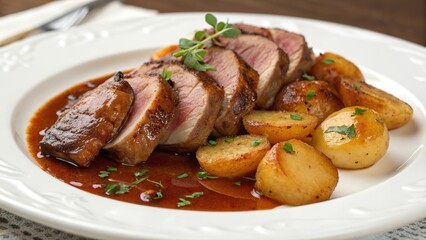 Savoring the richness of braised duck with robust beer and tender baby potatoes cooked to perfection