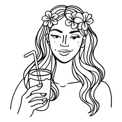 Beautiful woman with flower crown holding a drink in the summer