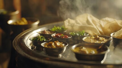 Steaming Indian Cuisine: A culinary journey to a vibrant dining experience, capturing the essence of flavorful Indian dishes, steaming gently on a platter.