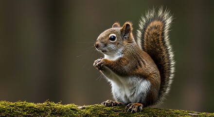 Red Squirrel Perched on Mossy Branch in Autumn Woods AI Generated