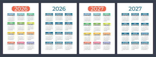 2026 and 2027 year calendar set. Color vector pocket calender design. Week starts on Sunday. January, February, March, April, May, June, July, August, September, October, November, December