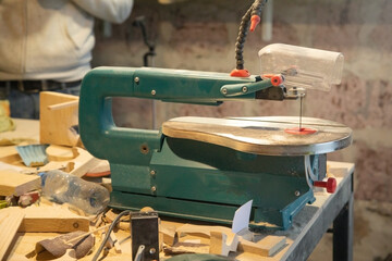 Woodworking workshop. Workplace for carving