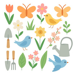 Spring Garden Flat Style Vector Clipart Set