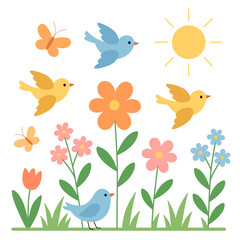 Spring Nature Scene in Flat Pastel Style – Vector Illustration