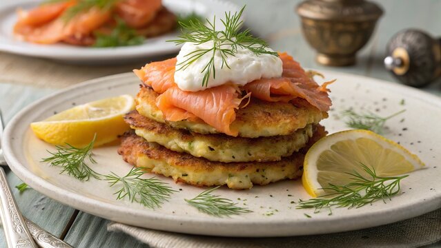 Creamy brambor ky stacked high with smoked salmon and fresh herbs brings a delightful twist to traditional flavors
