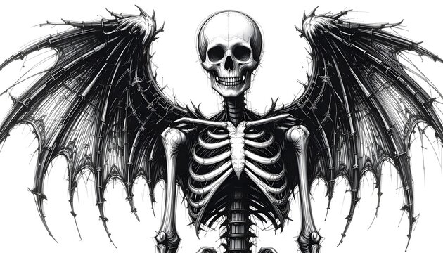 A Striking Monochrome Illustration of a Skeletal Figure with Expansive Demon Wings Gothic Art