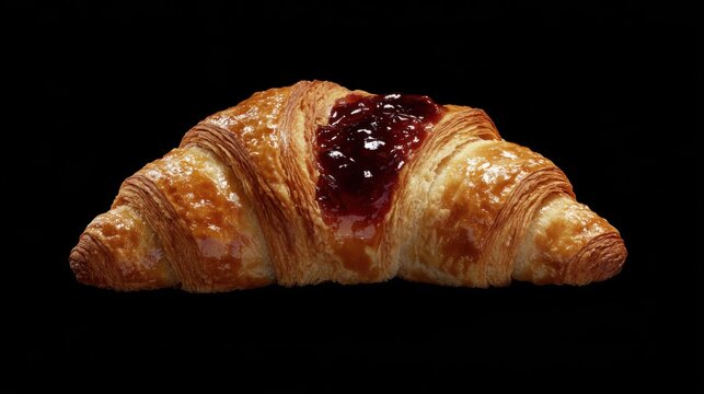 A warm croissant with a golden, flaky texture and a smear of jam. Featuring indulgence and richness