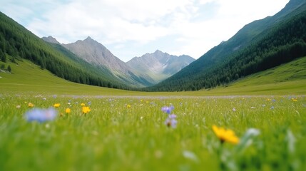Mountain Valley Wildflowers Lush Green Meadow Serene Landscape High-Definition Ground-Level View Vibrant Spring Blooms Peaceful Serenity Travel Brochure Bright Verdant Hues Ideal for Nature Tourism