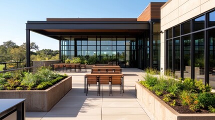 Outdoor office space with rooftop garden modern design serene environment urban setting