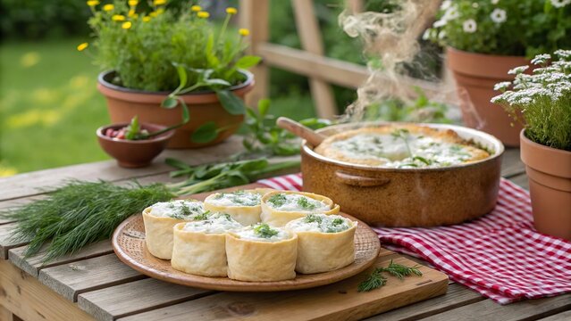 Delightful herb-infused b rek with creamy ricotta served in a garden oasis during a sunny afternoon gathering