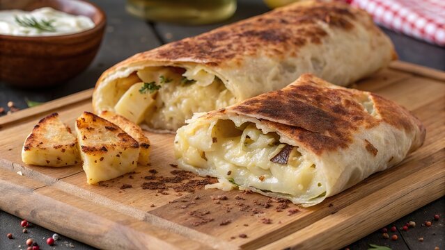 Savoring a delicious b rek filled with potato and cheese, a culinary delight of warmth and flavor