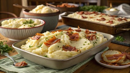 Indulging in creamy mashed potatoes topped with luscious bacon on a large serving platter during a delightful family feast