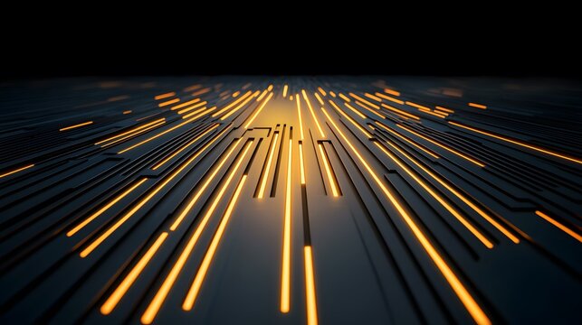 The image contains a dark gray or black surface with many parallel lines embedded into it.  These lines are illuminated with bright orange neon lights, creating a futuristic and technological appeara