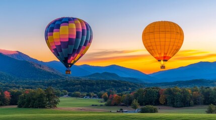 Fototapeta premium Colorful hot air balloons soaring over a picturesque mountain landscape at sunset