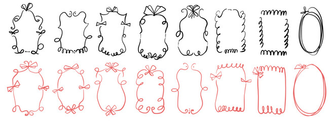 Obraz premium Doodle coquette frames with bows. Vintage line wavy border with ribbons set. Vector cute scribble curly rectangle and oval template foe holiday menu. Minimalistic cadre birthday hand drawn.