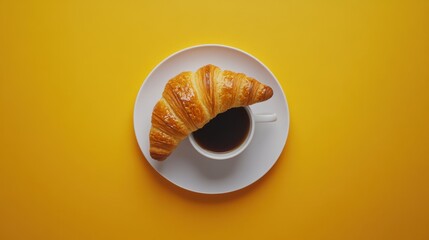 A warm, flaky croissant with a cup of coffee. Featuring indulgence and comfort