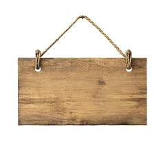 Hanging wooden sign with rope texture on transparent background